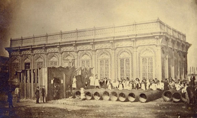 The New Orleans Free Market, c. 1861 — the ornate cast iron building whose columns now stand in St. Roch Market