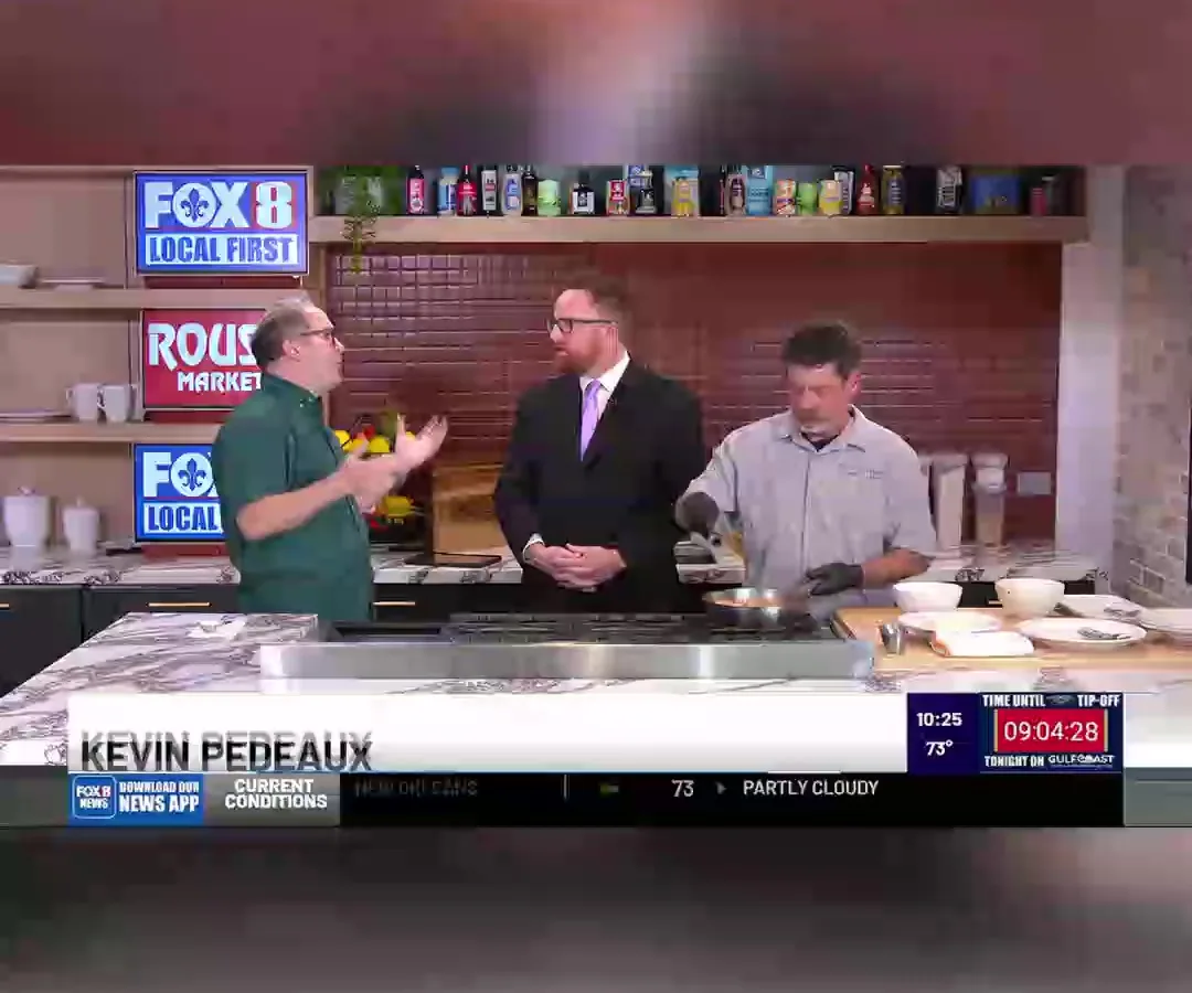 Kevin Pedeaux and Chef Tyger Hale from Salted Pearl Oyster Bar at St. Roch Market cooking shrimp courtbouillon live on the FOX 8 Morning Show in New Orleans