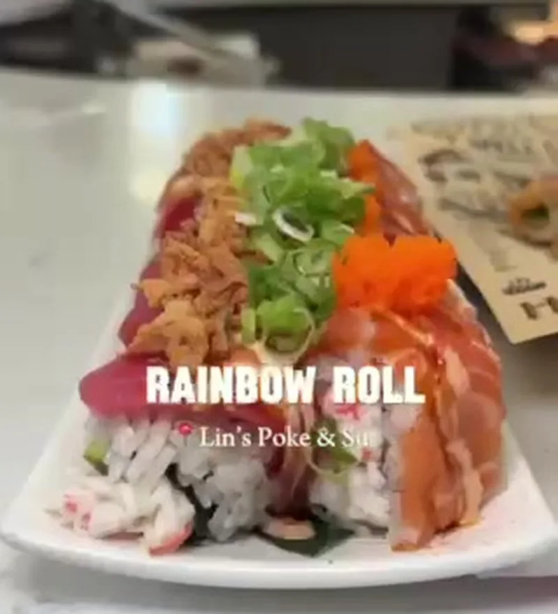 Rainbow Roll from Lin's Poke and Sushi at St. Roch Market with salmon, tuna, fried onions, scallions, and tobiko